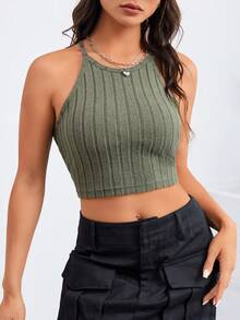 SHEIN EZwear Top halter crop unicolor - Verde militar - Ver 3