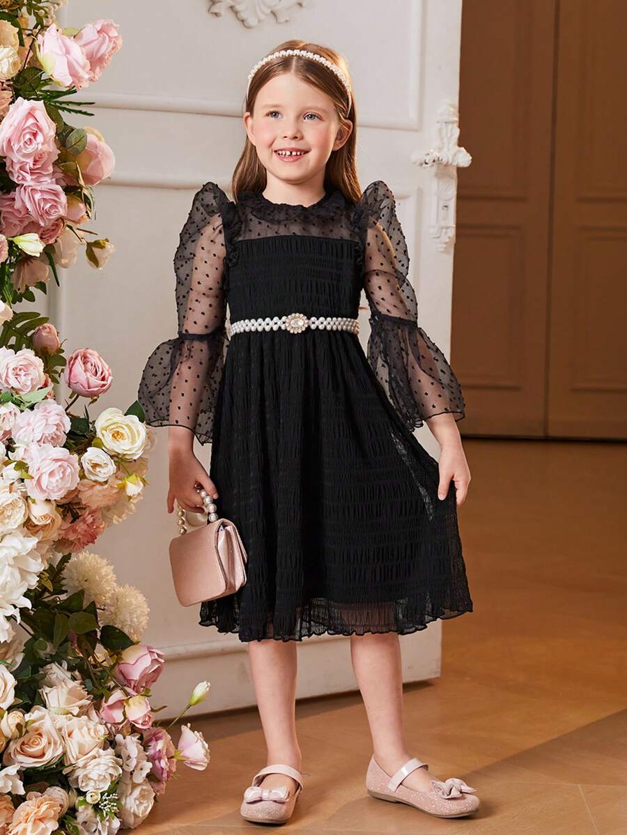 SHEIN Váy bé gái có lưới tương phản với tay áo xếp diềm không có thắt lưng - màu đen - Xem 1