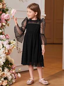 SHEIN Váy bé gái có lưới tương phản với tay áo xếp diềm không có thắt lưng - màu đen - Xem 4