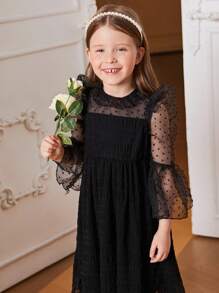 SHEIN Váy bé gái có lưới tương phản với tay áo xếp diềm không có thắt lưng - màu đen - Xem 5