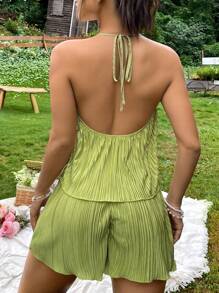 SHEIN VCAY Solid Halter Top & Shorts - Olive Green - View 2