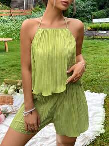 SHEIN VCAY Solid Halter Top & Shorts - Olive Green - View 3
