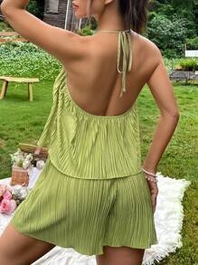 SHEIN VCAY Solid Halter Top & Shorts - Olive Green - View 6
