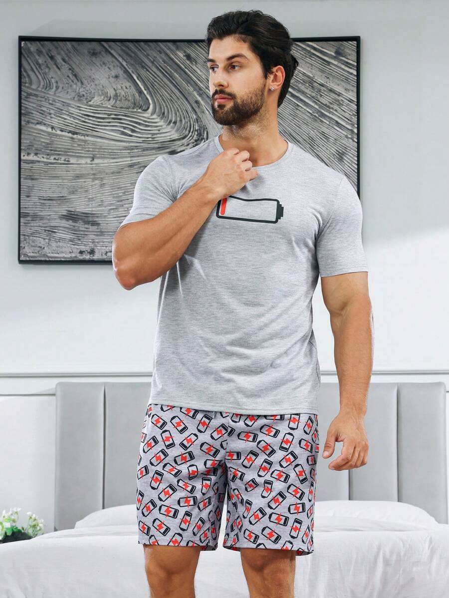 Men Battery Print PJ Set - Grey - View 1