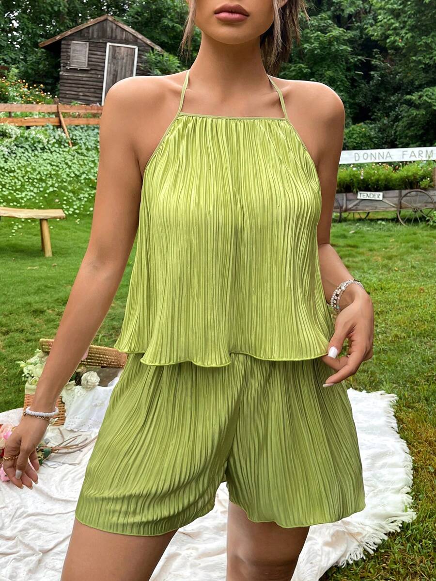 SHEIN VCAY Solid Halter Top & Shorts - Olive Green - View 1