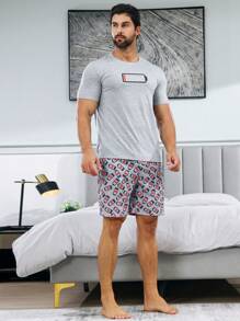 Men Battery Print PJ Set - Grey - View 5