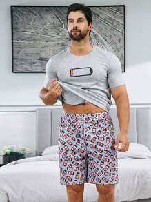 Men Battery Print PJ Set - Grey - View 6