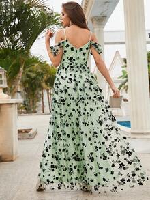 花卉圖案挖肩高衩網紗連衣裙 - 綠色 - 查看 2