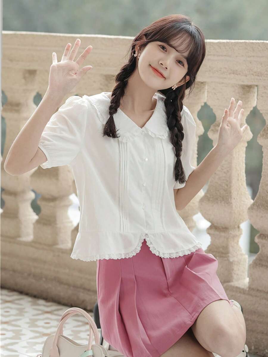 可愛蕾絲拼接 褶皺邊 前紐扣純色女士襯衫