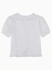 可愛蕾絲拼接 褶皺邊 前紐扣純色女士襯衫