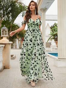 花卉圖案挖肩高衩網紗連衣裙 - 綠色 - 查看 6