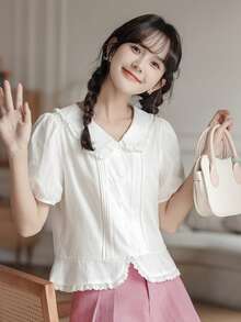 可愛蕾絲拼接 褶皺邊 前紐扣純色女士襯衫