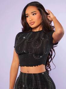 SHEIN SXY Camiseta crop con diamante de imitación ribete en forma de lechuga - Negro - Ver 2