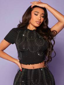 SHEIN SXY Camiseta crop con diamante de imitación ribete en forma de lechuga - Negro - Ver 1