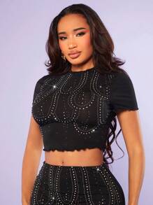 SHEIN SXY Camiseta crop con diamante de imitación ribete en forma de lechuga - Negro - Ver 6