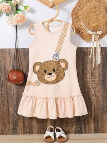 Toddler Girls Bear Print Ruffle Hem Dress - Apricot - View 1