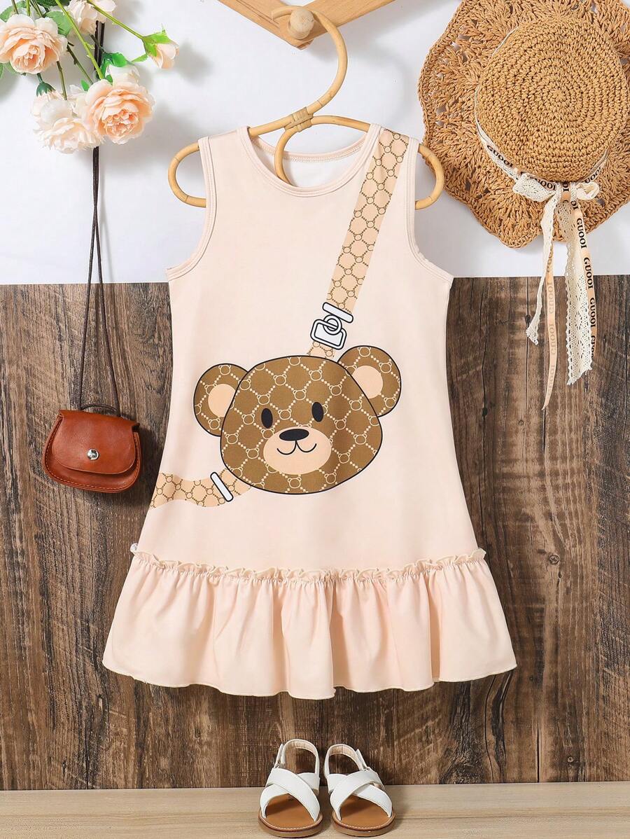 Toddler Girls Bear Print Ruffle Hem Dress - Apricot - View 1
