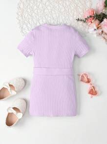 SHEIN 嬰兒條紋針織繫腰帶洋裝 - 紫丁香色 - 查看 2