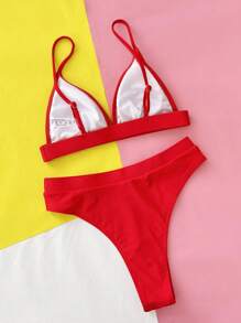 SHEIN Swim 2pcs Plain Color Minimalist Swimwear Set Summer - Red - View 2