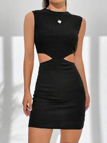 Muchica Đầm suông không tay cổ tròn màu trơn hở eo cho nữ - màu đen - Xem 4