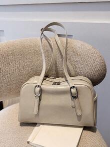 Beige Square Bag Fashionable Buckle Decor Zipper PU - Beige - View 1