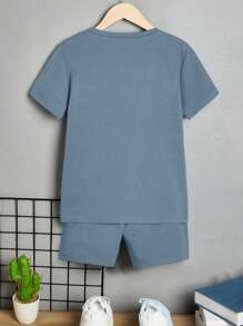 SHEIN Bộ hai mảnh Trai Túi Đắp vá Lá thư Giải trí - Màu xanh bụi bặm - Xem 2