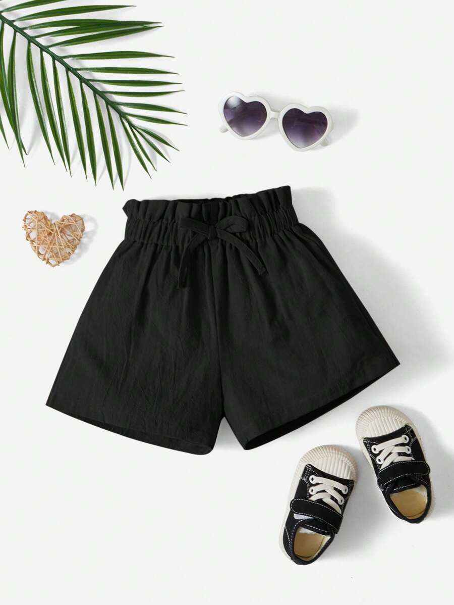 SHEIN Leap Crew Đứa bé gái Nơ mặt trước Nếp gấp cao eo Quần short - màu đen - Xem 1