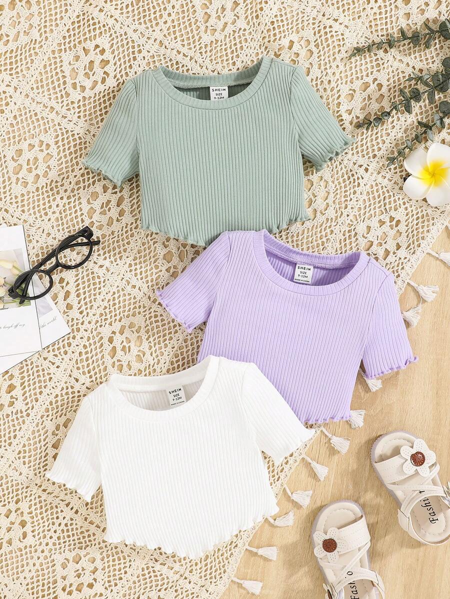 SHEIN Baby Girl 3pcs Lettuce Trim Ribbed Knit Tee - Lilac Purple - View 1