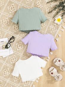 SHEIN Baby Girl 3pcs Lettuce Trim Ribbed Knit Tee - Lilac Purple - View 2
