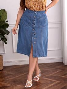 váy ngắn denim kích thước lớn Túi Nút phía trước màu trơn - Rửa trung bình - Xem 3
