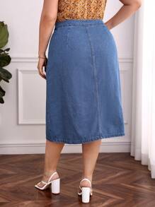 váy ngắn denim kích thước lớn Túi Nút phía trước màu trơn - Rửa trung bình - Xem 2