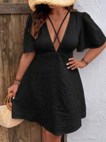 SHEIN VCAY 大碼交叉後綁帶洋裝 - 黑色 - 查看 4