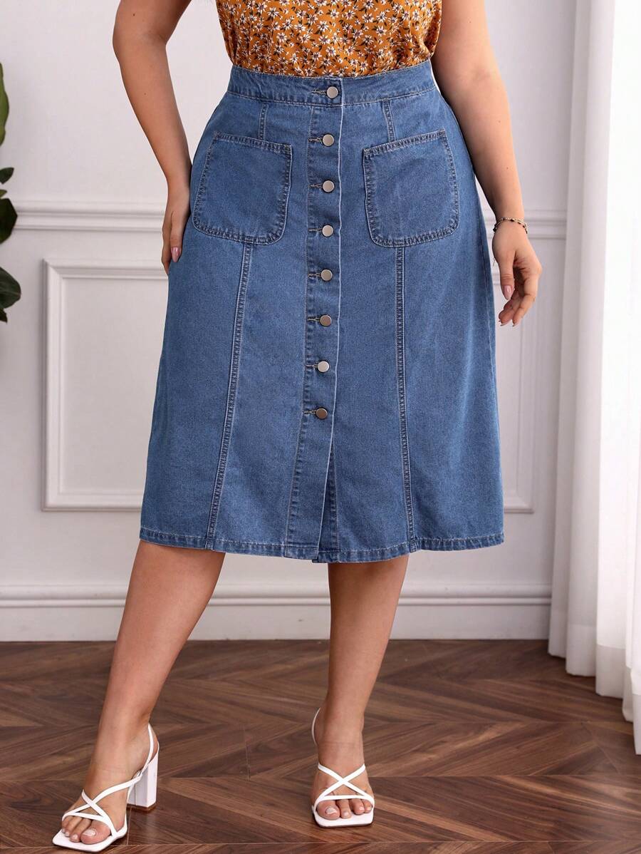 váy ngắn denim kích thước lớn Túi Nút phía trước màu trơn - Rửa trung bình - Xem 1