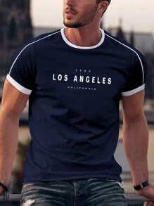 Manfinity Homme 男士字母圖案拼接邊T恤 - 藏蓝色 - 查看 4