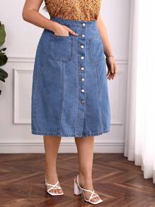 váy ngắn denim kích thước lớn Túi Nút phía trước màu trơn - Rửa trung bình - Xem 4