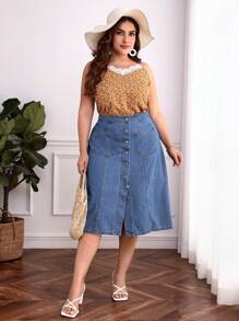 váy ngắn denim kích thước lớn Túi Nút phía trước màu trơn - Rửa trung bình - Xem 5