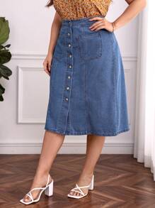 váy ngắn denim kích thước lớn Túi Nút phía trước màu trơn - Rửa trung bình - Xem 6