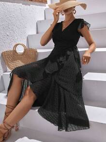 SHEIN VCAY Đầm Thắt nút Xù Trọn gói màu trơn Boho - màu đen - Xem 1