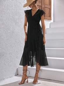 SHEIN VCAY Đầm Thắt nút Xù Trọn gói màu trơn Boho - màu đen - Xem 5