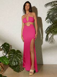 Travachic Cut Out Split Thigh Halter Neck Backless Dress
