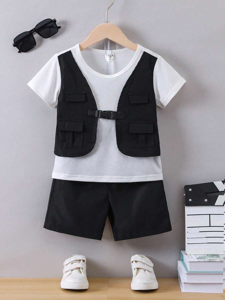 SHEIN 小男童翻蓋口袋扣飾前假兩入組T恤和短褲套裝 - 黑與白 - 查看 1