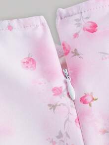 SHEIN MOD 碎花網紗拼接刺繡胸部褶皺泡泡袖荷葉邊連衣裙 - 淺粉色 - 查看 4