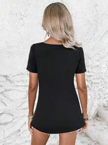 SHEIN LUNE Colour Block Button Detail Tee - Orange - View 2