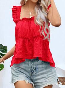 SHEIN VCAY 荷葉邊花邊下擺上衣 - 酒紅色 - 查看 1