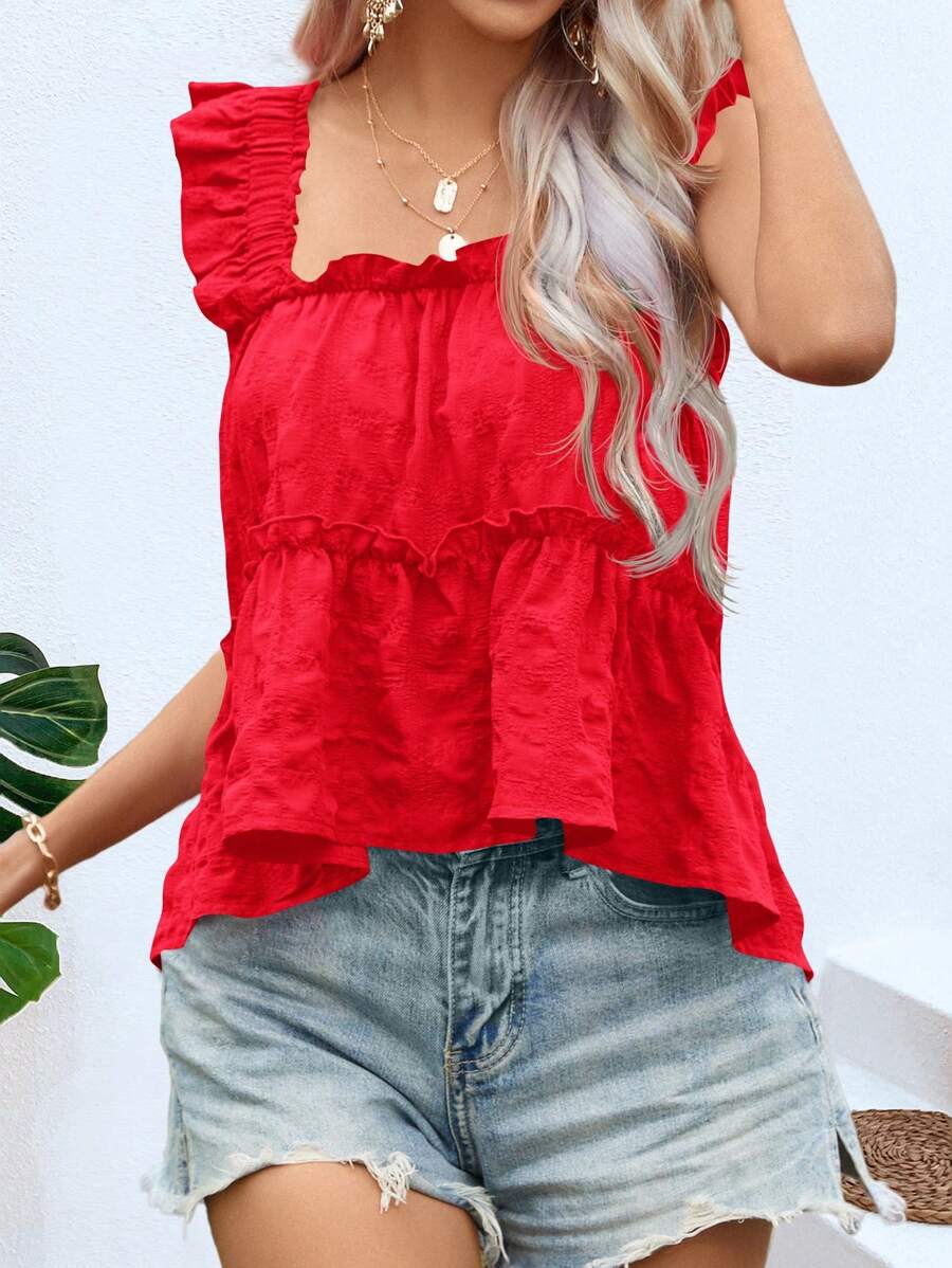 SHEIN VCAY 荷葉邊花邊下擺上衣 - 酒紅色 - 查看 1