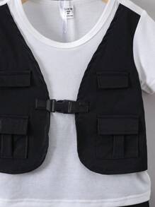 SHEIN 小男童翻蓋口袋扣飾前假兩入組T恤和短褲套裝 - 黑與白 - 查看 4