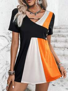 SHEIN LUNE Colour Block Button Detail Tee - Orange - View 3