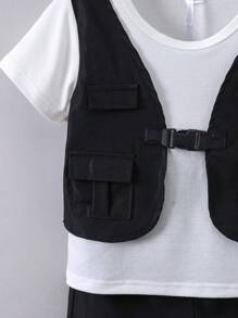 SHEIN 小男童翻蓋口袋扣飾前假兩入組T恤和短褲套裝 - 黑與白 - 查看 6