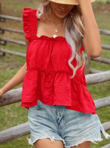 SHEIN VCAY 荷葉邊花邊下擺上衣 - 酒紅色 - 查看 4