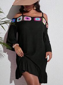 SHEIN Swim Curve Summer Beach Plus Crochet Detail Ruffle Hem Cover Up - Black - View 1